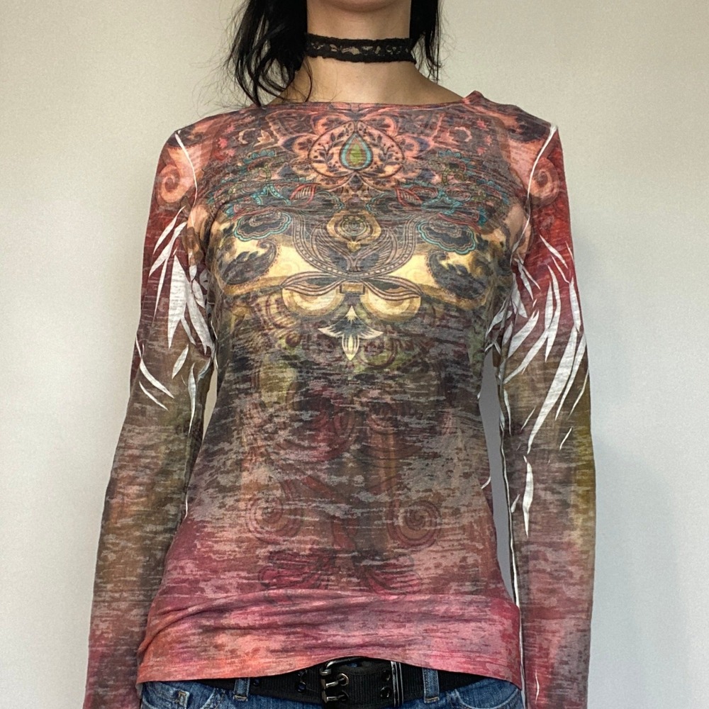 Vtg Y2K I.N.C. Tattoo Graphic Long Sleeve Top Fairy Grunge Whimsigoth Boho Sz M